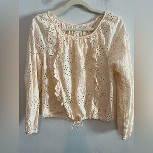 Joie Peach Eyelet Ruffle Long Balloon Sleeves Embroidered Cottagecore Top Medium